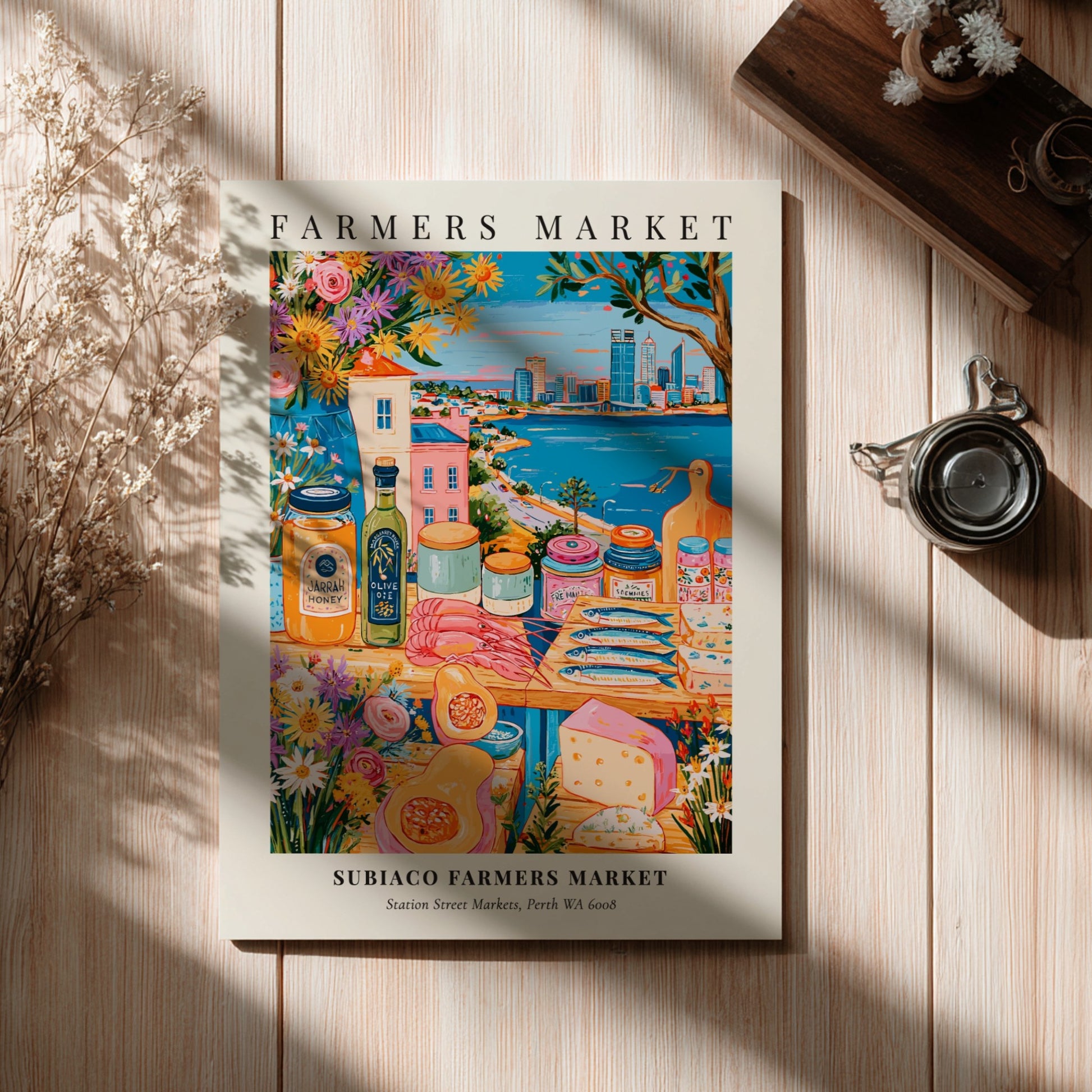 Subiaco Farmers Market poster featuring colorful produce and Perth skyline