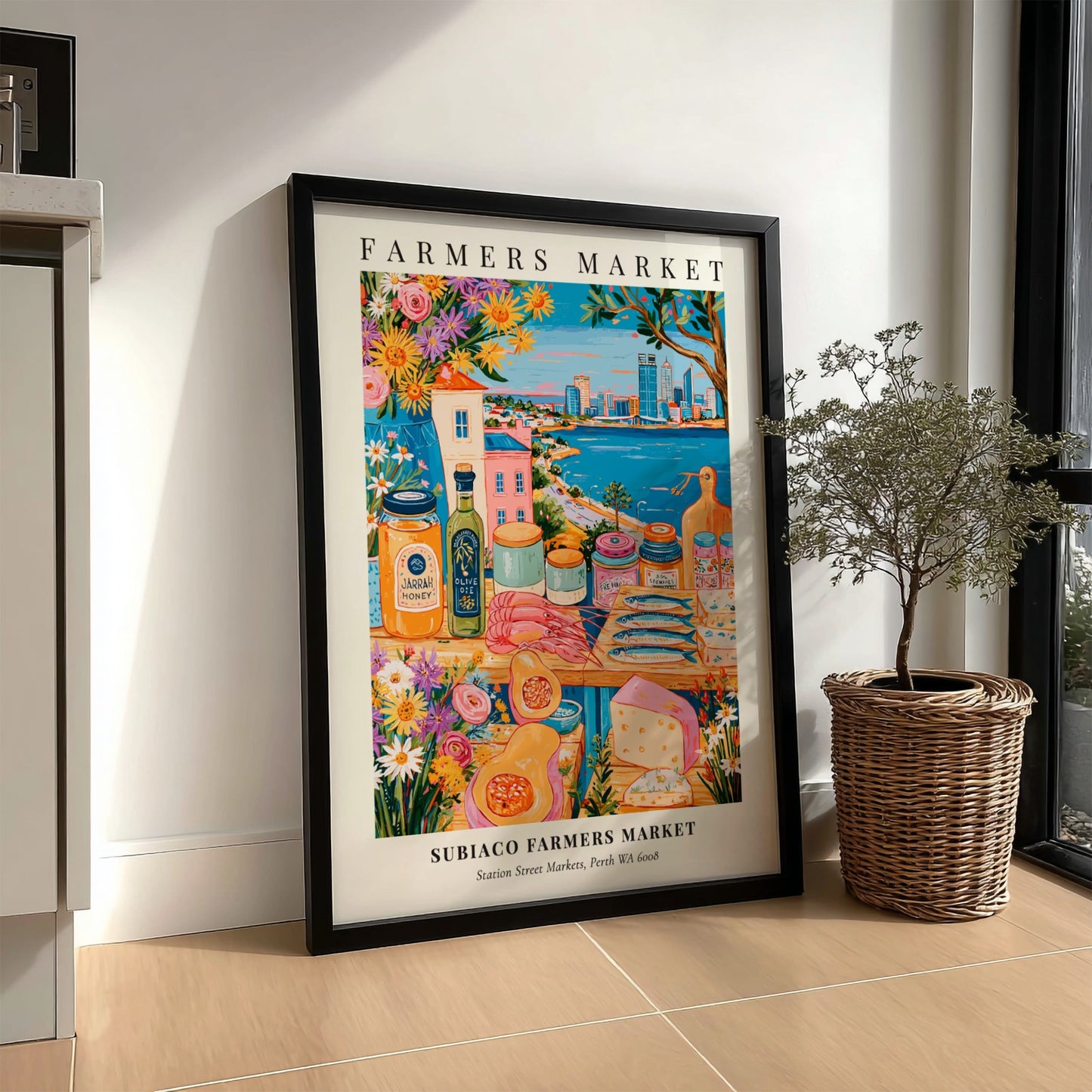 Subiaco Farmers Market poster featuring colorful produce and Perth skyline
