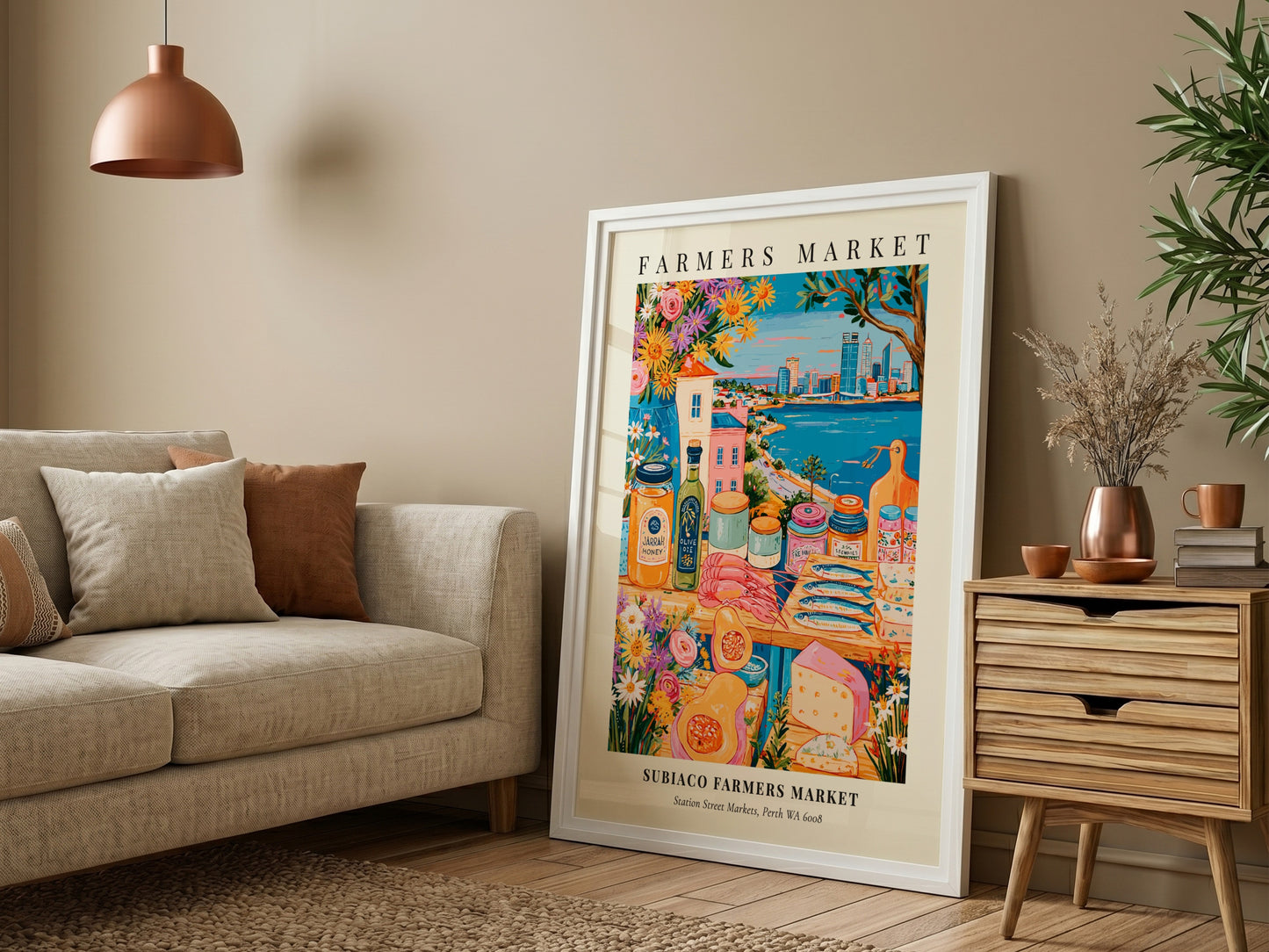 Subiaco Farmers Market poster featuring colorful produce and Perth skyline