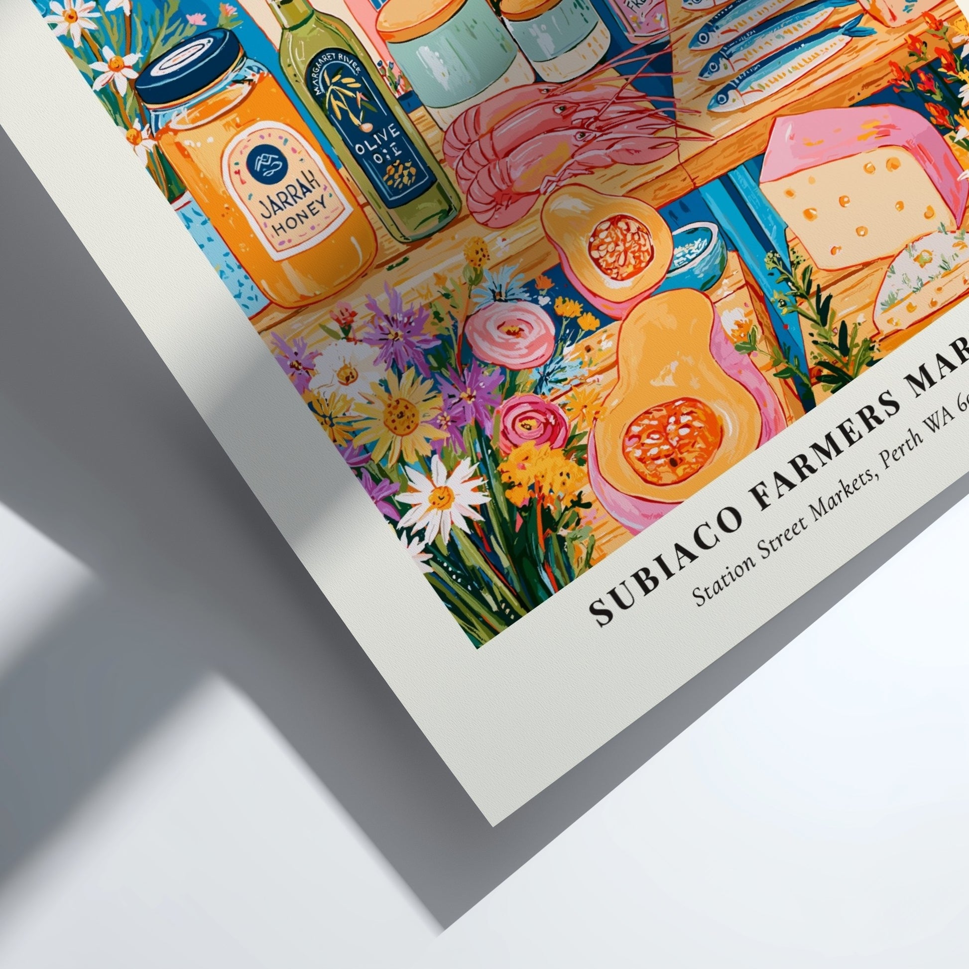Subiaco Farmers Market poster featuring colorful produce and Perth skyline