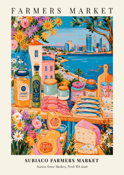 Subiaco Farmers Market poster featuring colorful produce and Perth skyline