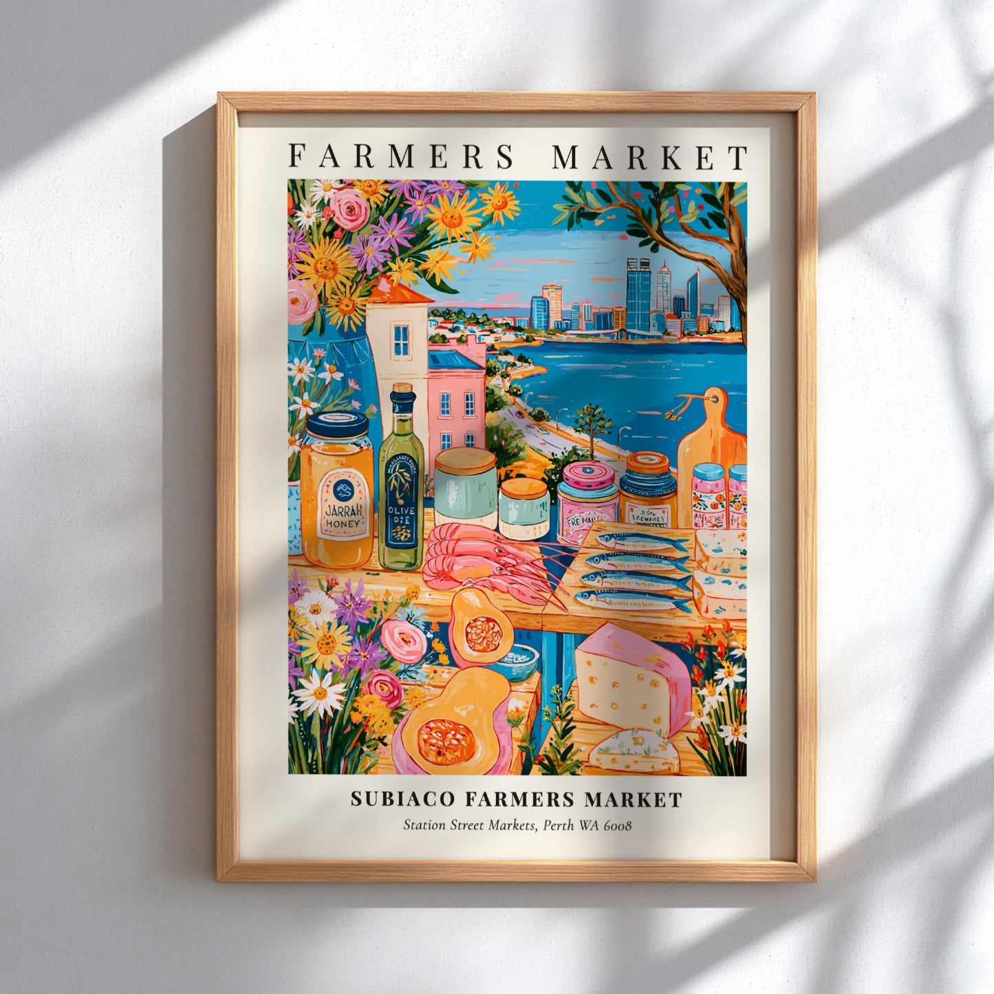 Subiaco Farmers Market poster featuring colorful produce and Perth skyline