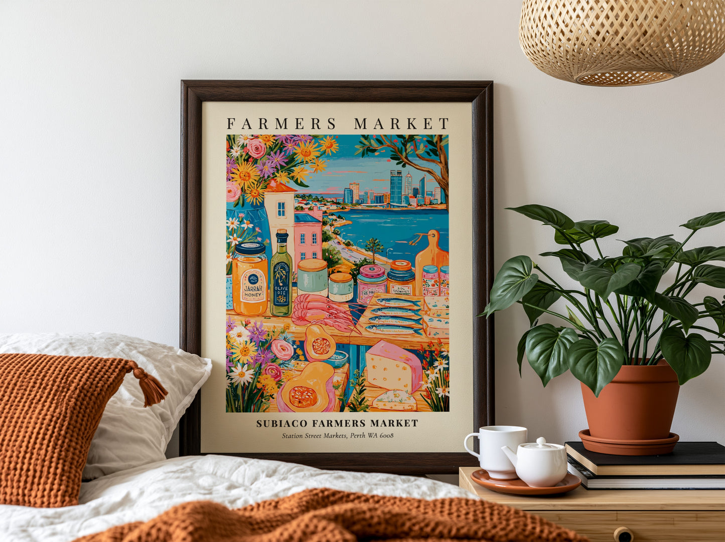Subiaco Farmers Market poster featuring colorful produce and Perth skyline