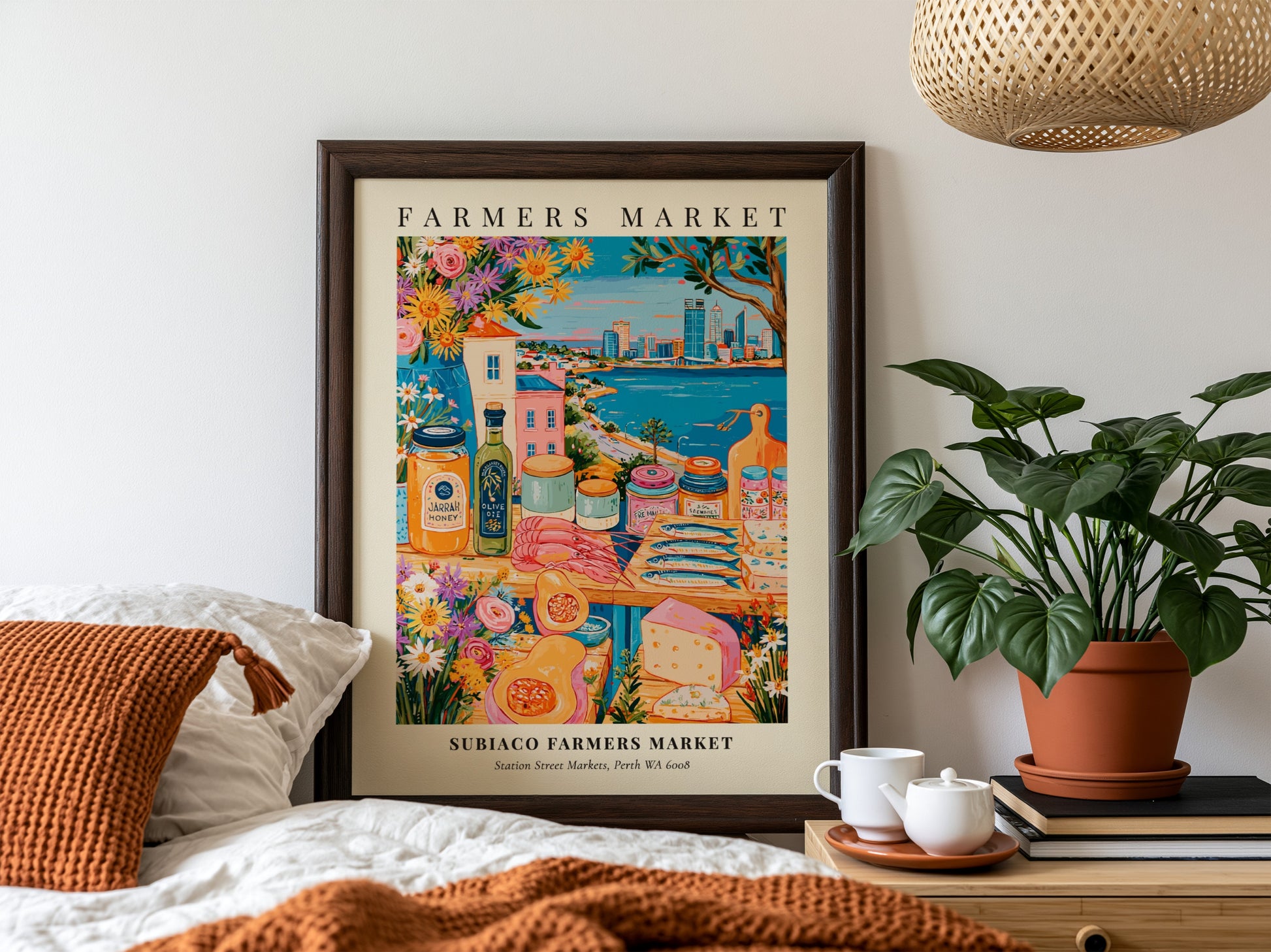 Subiaco Farmers Market poster featuring colorful produce and Perth skyline