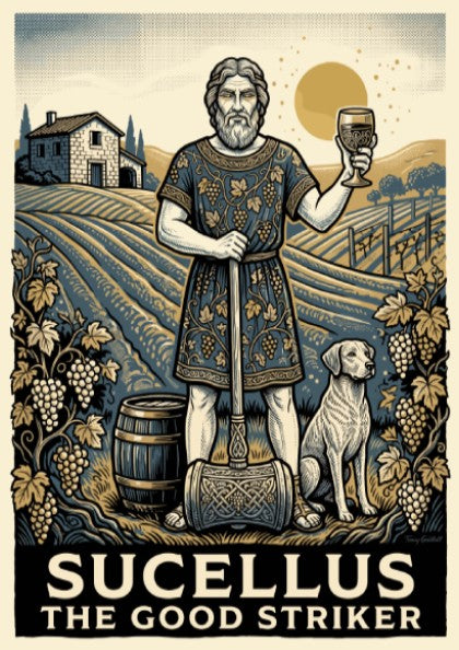 Poster of Sucellus the Good Striker holding a mallet with a dog and vineyard.