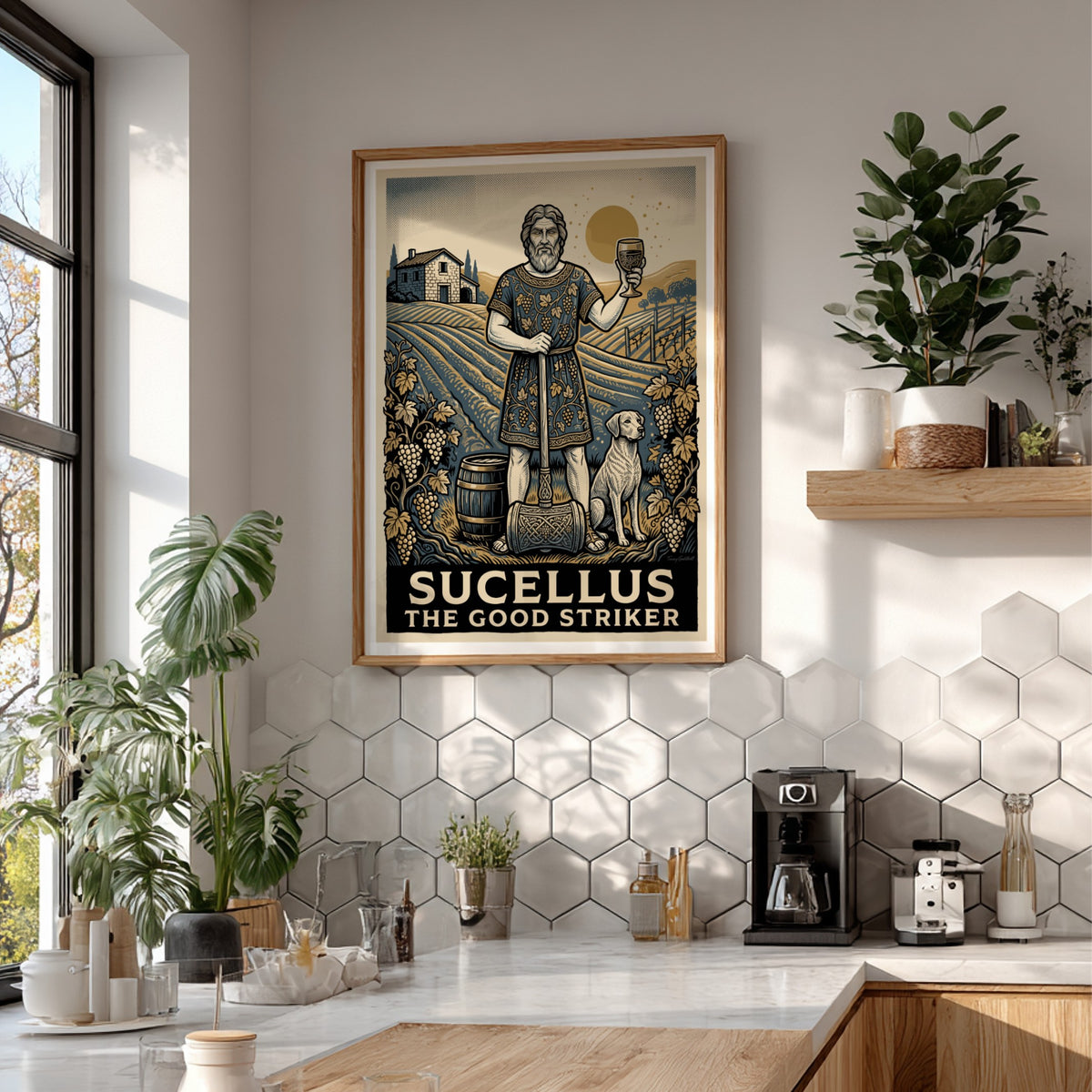Poster of Sucellus the Good Striker holding a mallet with a dog and vineyard.