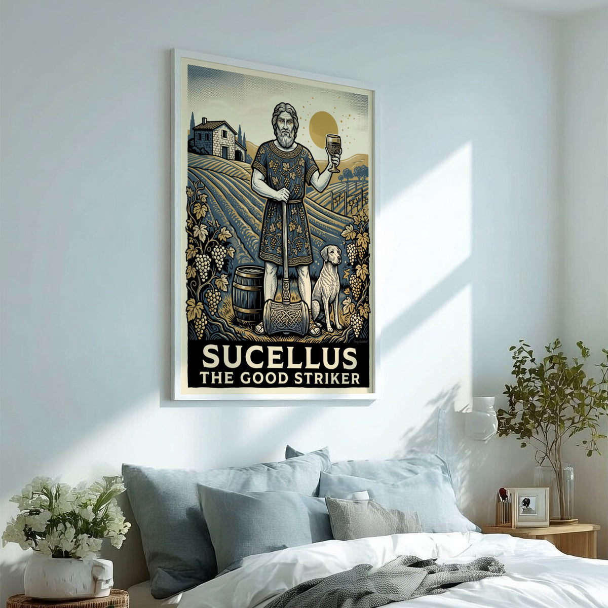 Poster of Sucellus the Good Striker holding a mallet with a dog and vineyard.