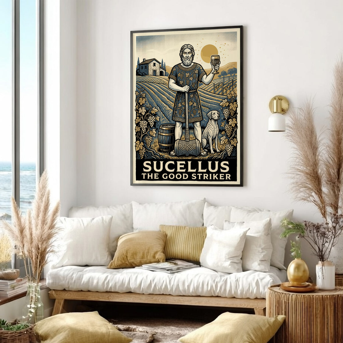 Poster of Sucellus the Good Striker holding a mallet with a dog and vineyard.