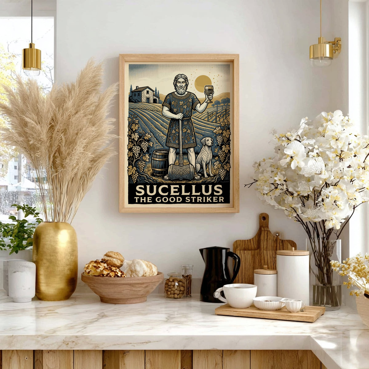 Poster of Sucellus the Good Striker holding a mallet with a dog and vineyard.