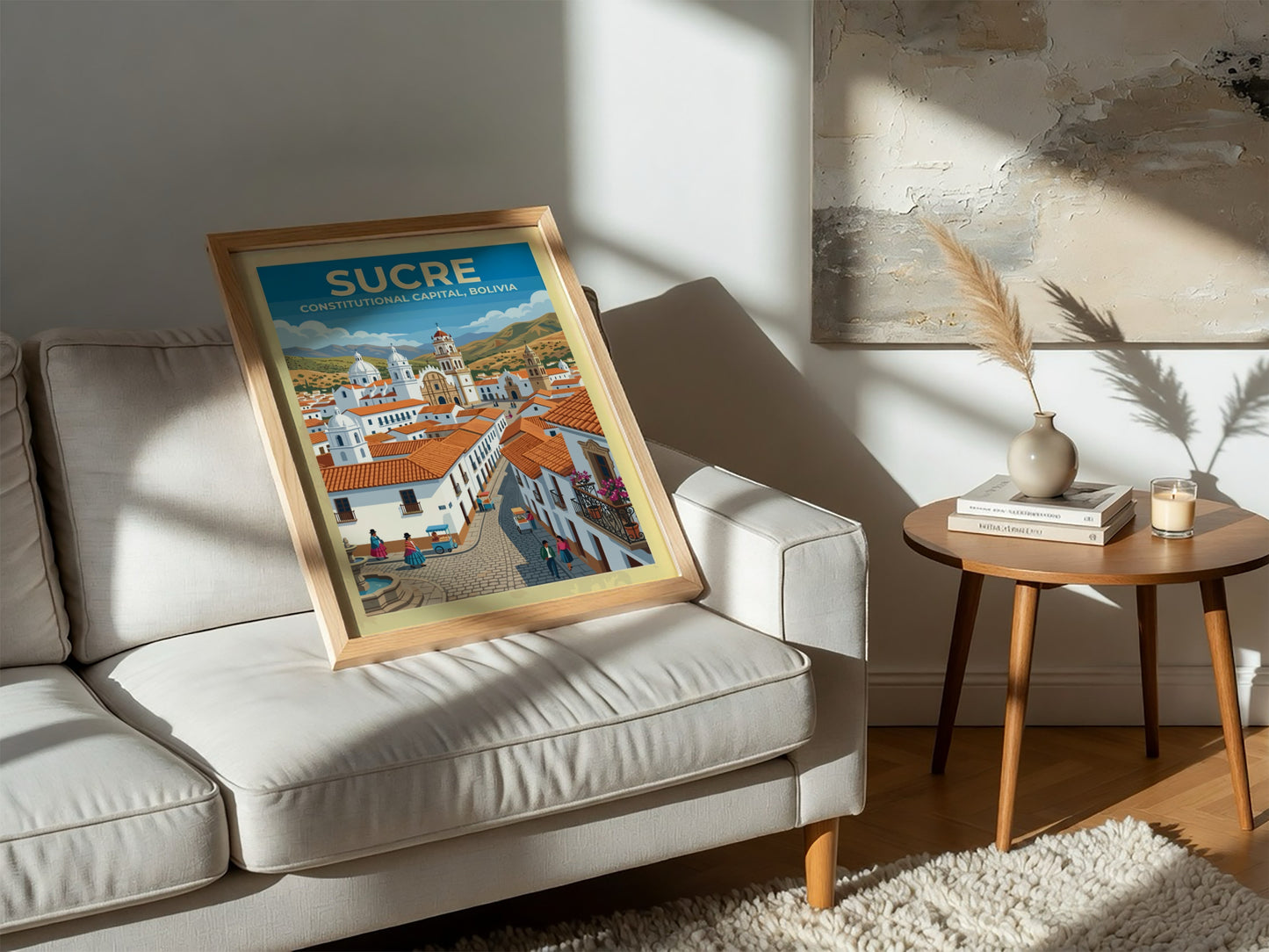 Travel poster of Sucre Bolivia featuring white colonial buildings red roofs and mountains