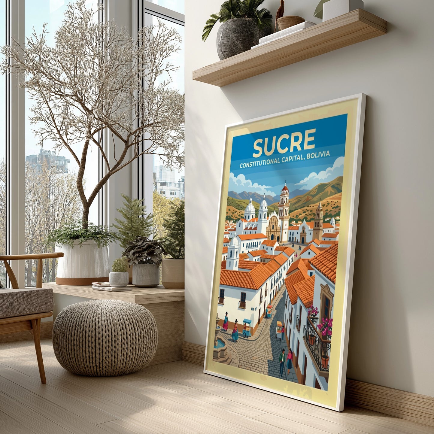 Travel poster of Sucre Bolivia featuring white colonial buildings red roofs and mountains
