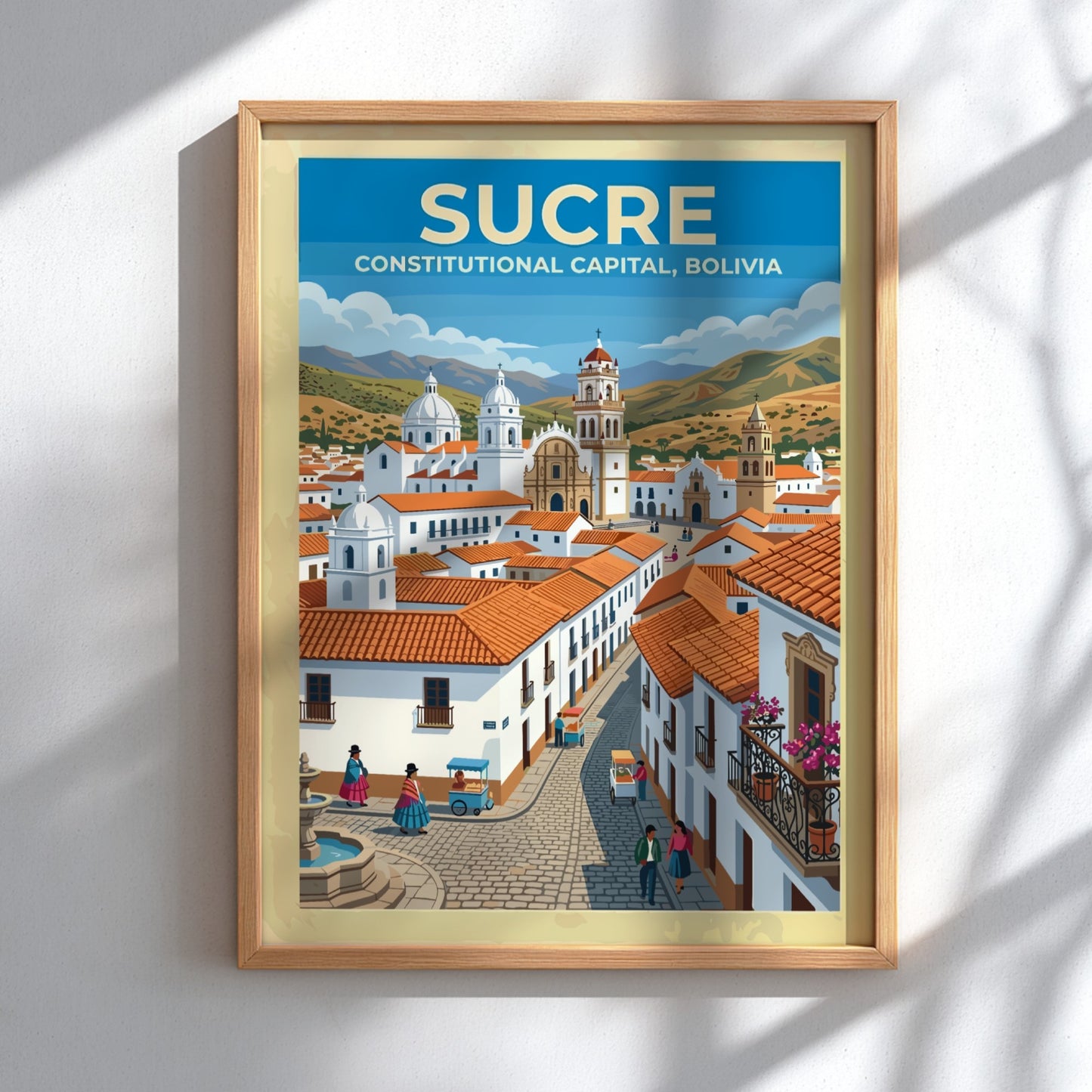 Travel poster of Sucre Bolivia featuring white colonial buildings red roofs and mountains