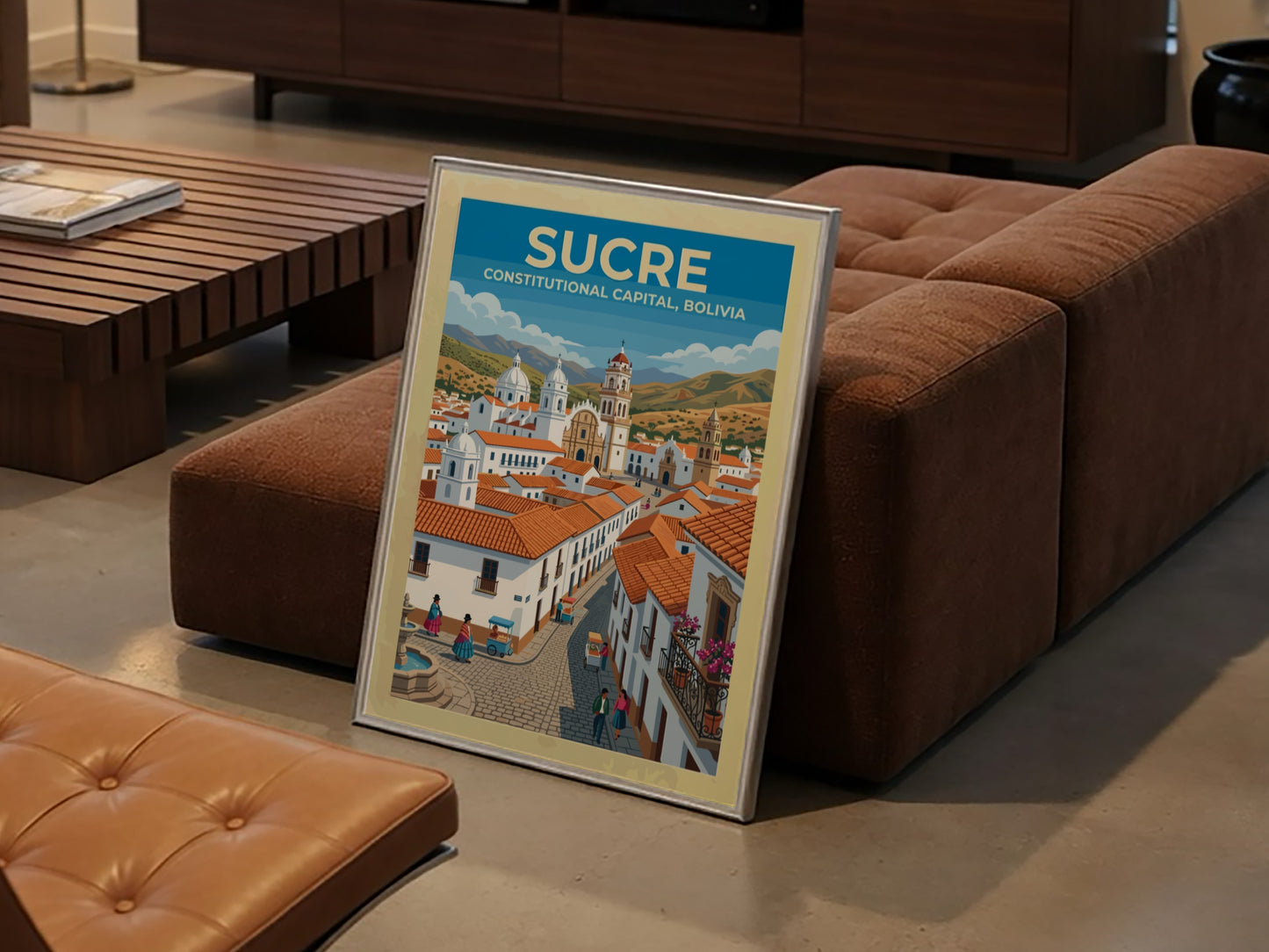 Travel poster of Sucre Bolivia featuring white colonial buildings red roofs and mountains