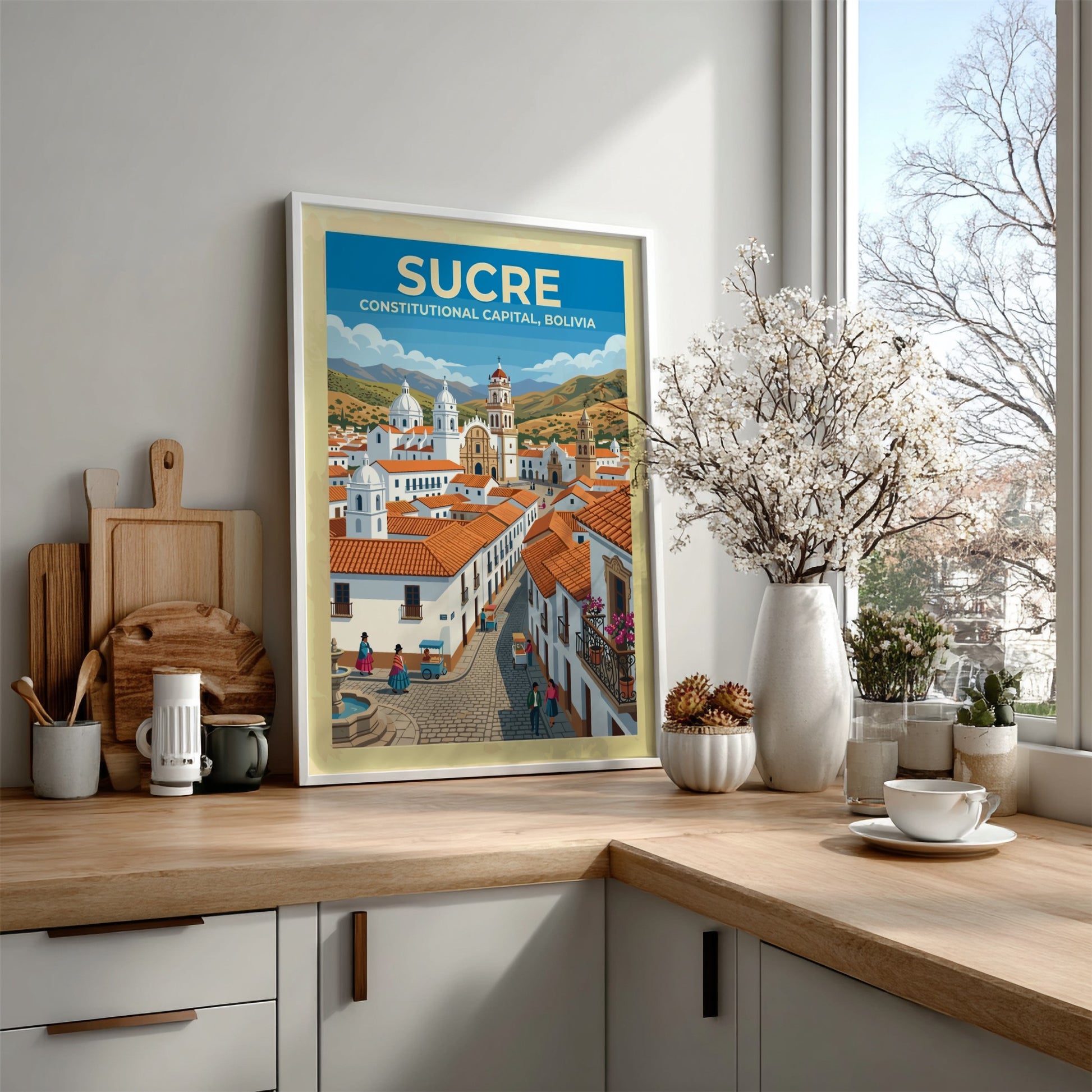 Travel poster of Sucre Bolivia featuring white colonial buildings red roofs and mountains