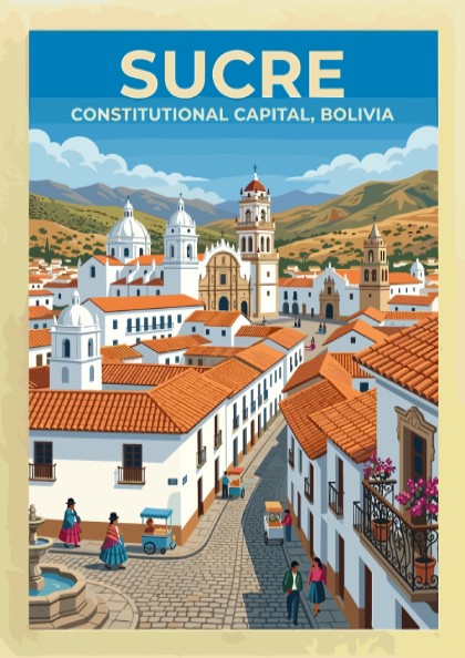 Travel poster of Sucre Bolivia featuring white colonial buildings red roofs and mountains