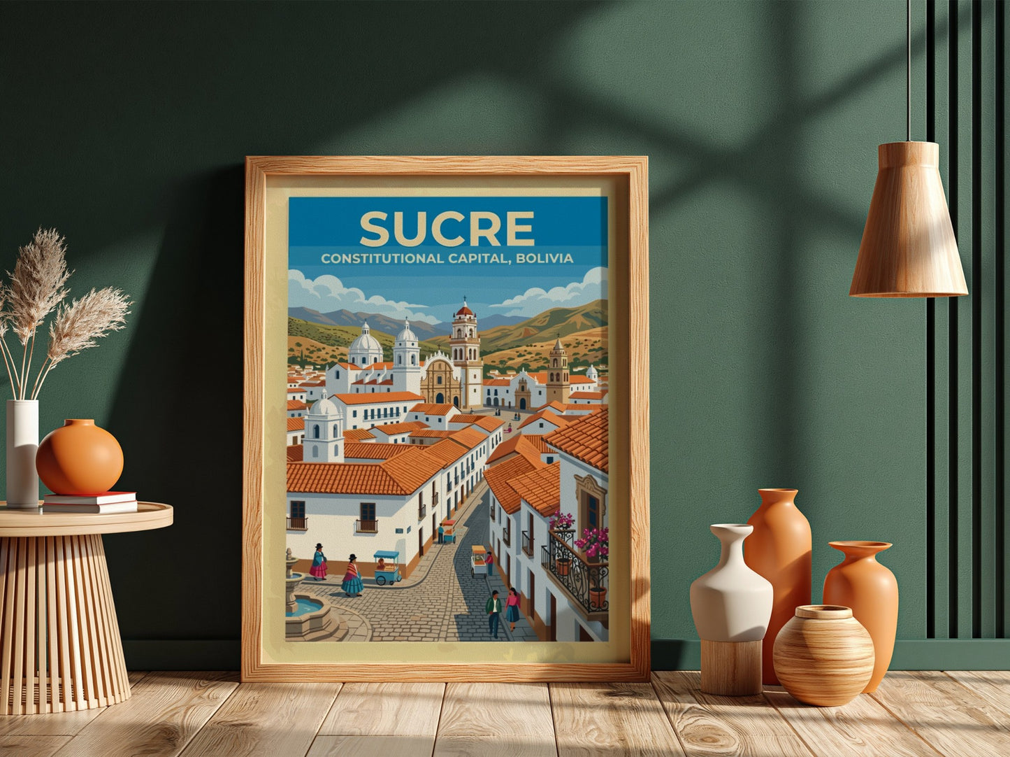 Travel poster of Sucre Bolivia featuring white colonial buildings red roofs and mountains
