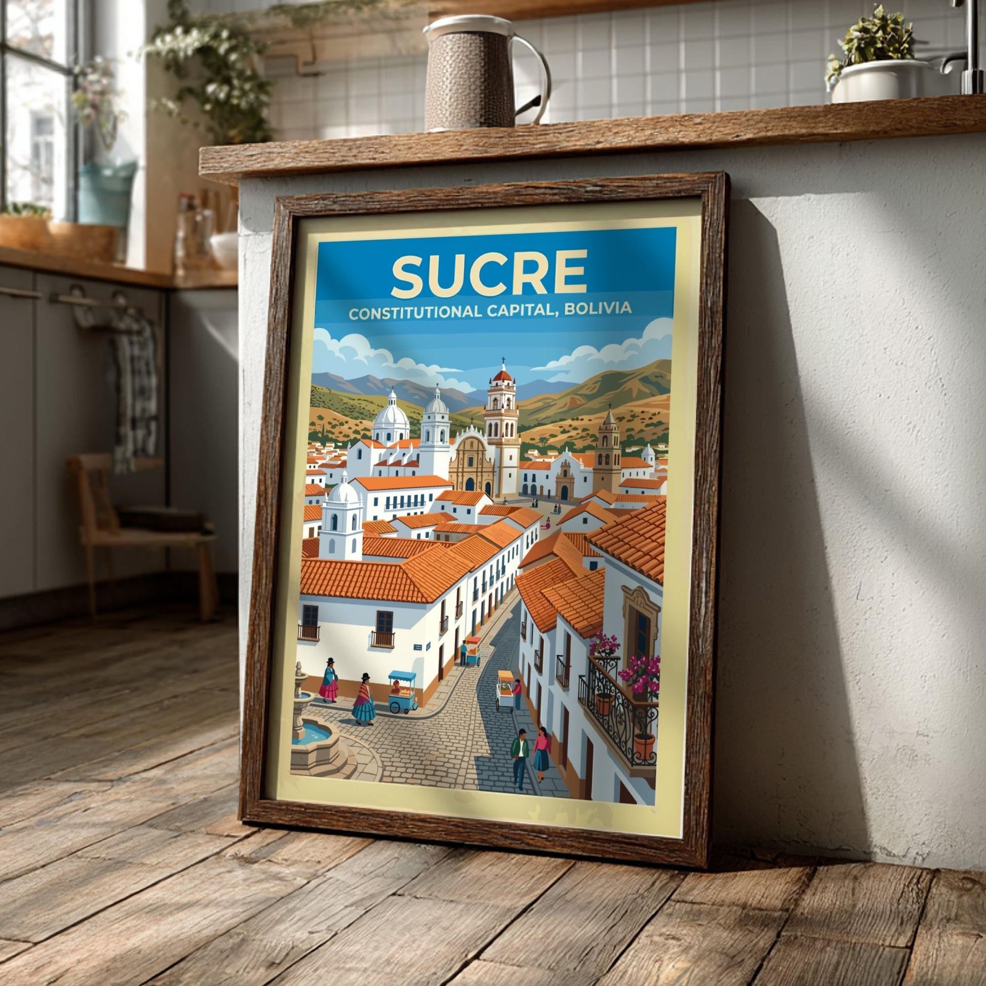 Travel poster of Sucre Bolivia featuring white colonial buildings red roofs and mountains