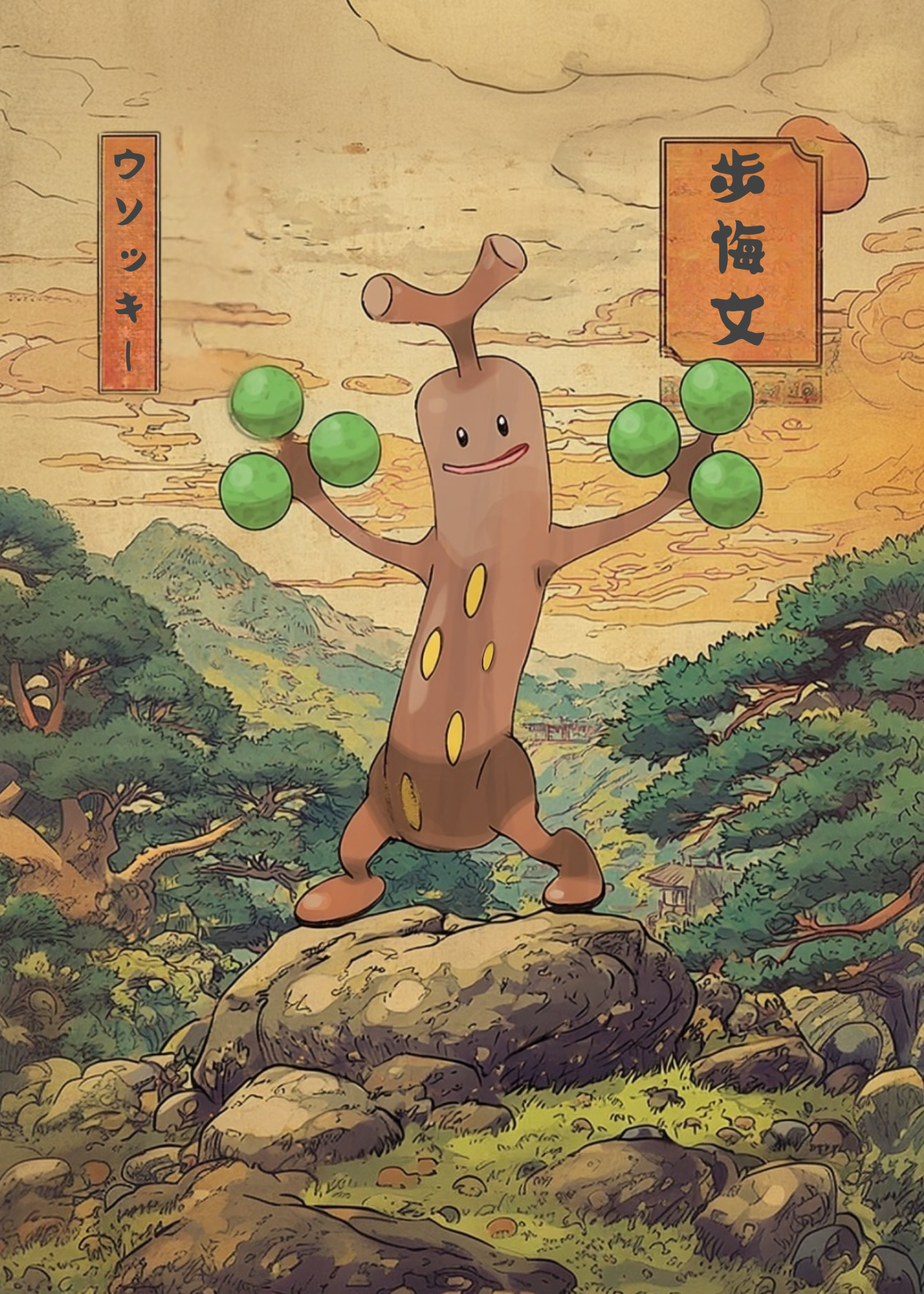 Sudowoodo Pokemon standing on a rock in a scenic landscape