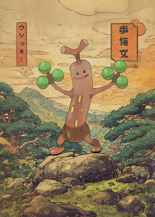 Sudowoodo Pokemon standing on a rock in a scenic landscape