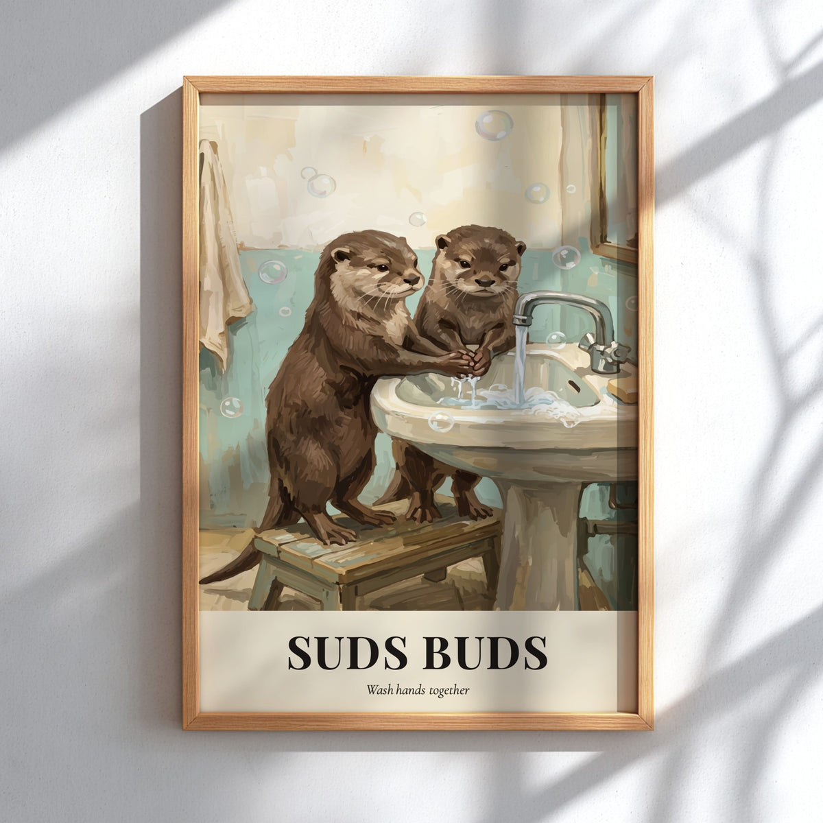 Poster featuring two cute otters washing their paws at a sink with soap bubbles