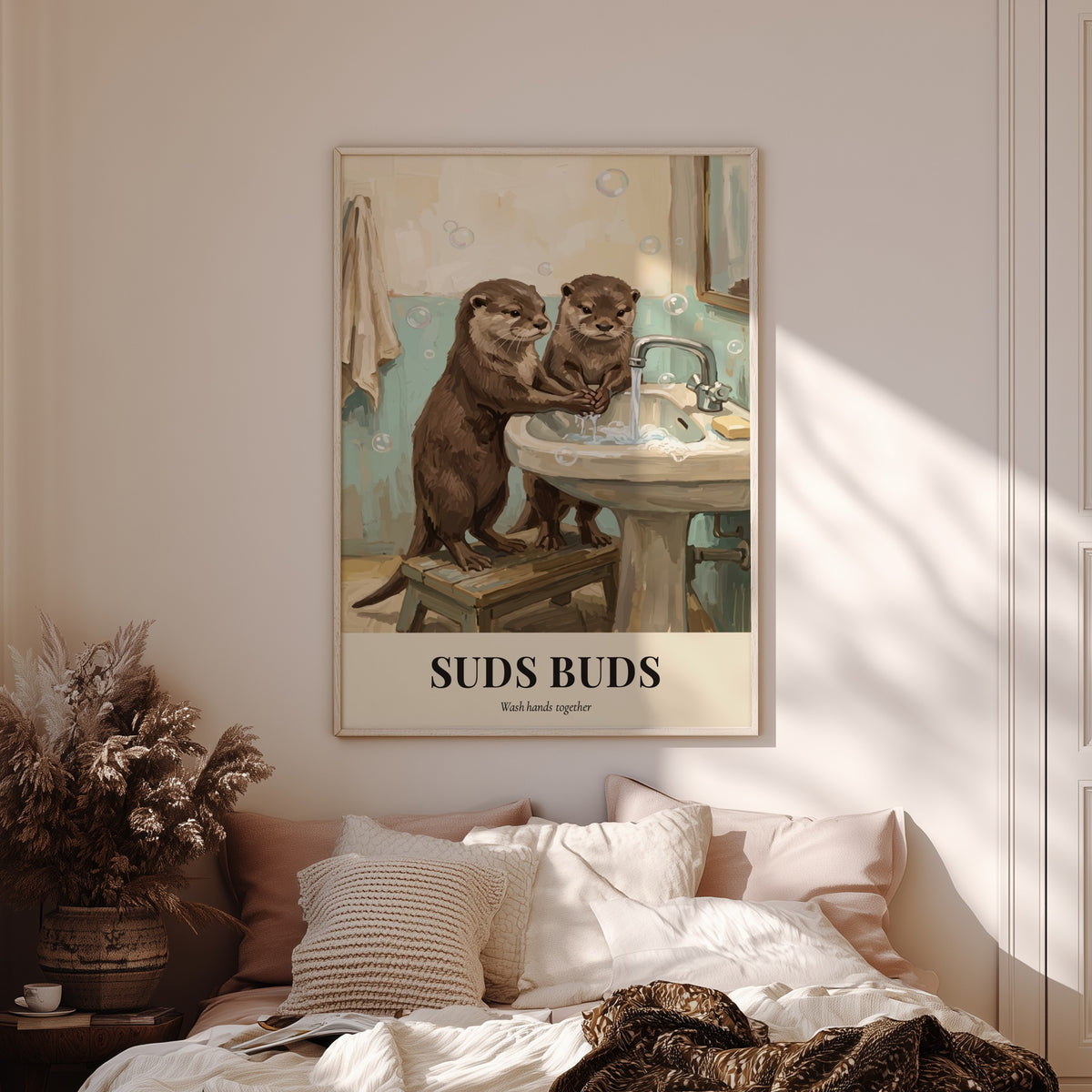 Poster featuring two cute otters washing their paws at a sink with soap bubbles