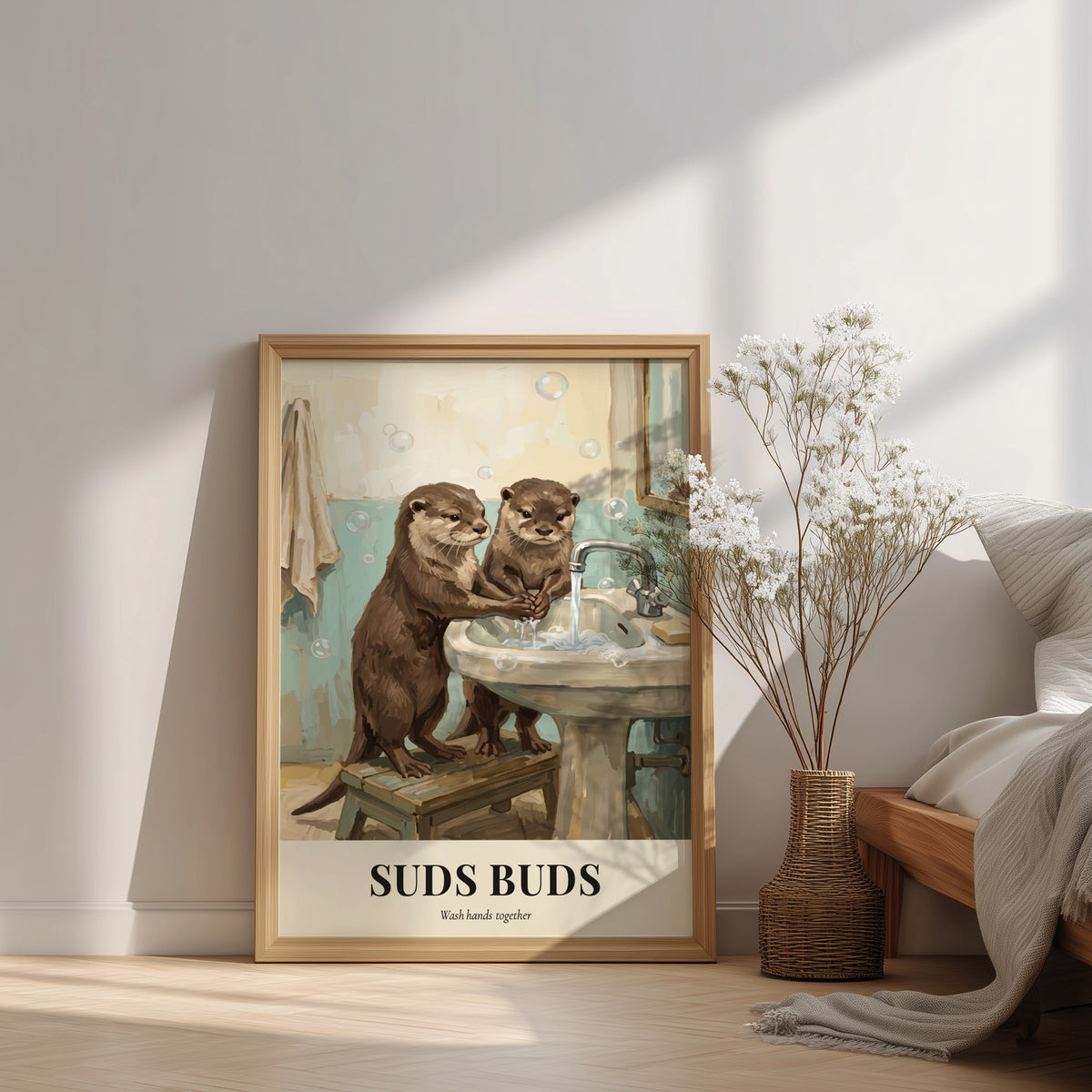 Poster featuring two cute otters washing their paws at a sink with soap bubbles