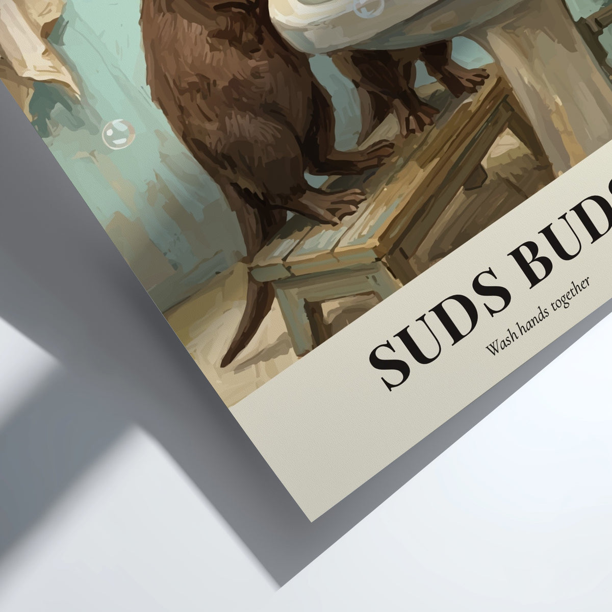 Poster featuring two cute otters washing their paws at a sink with soap bubbles