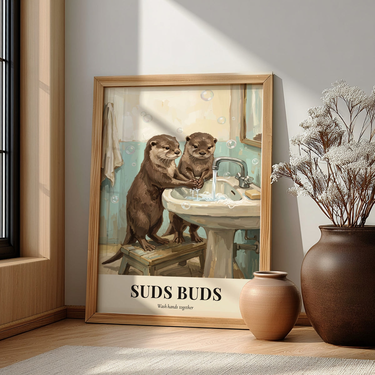 Poster featuring two cute otters washing their paws at a sink with soap bubbles