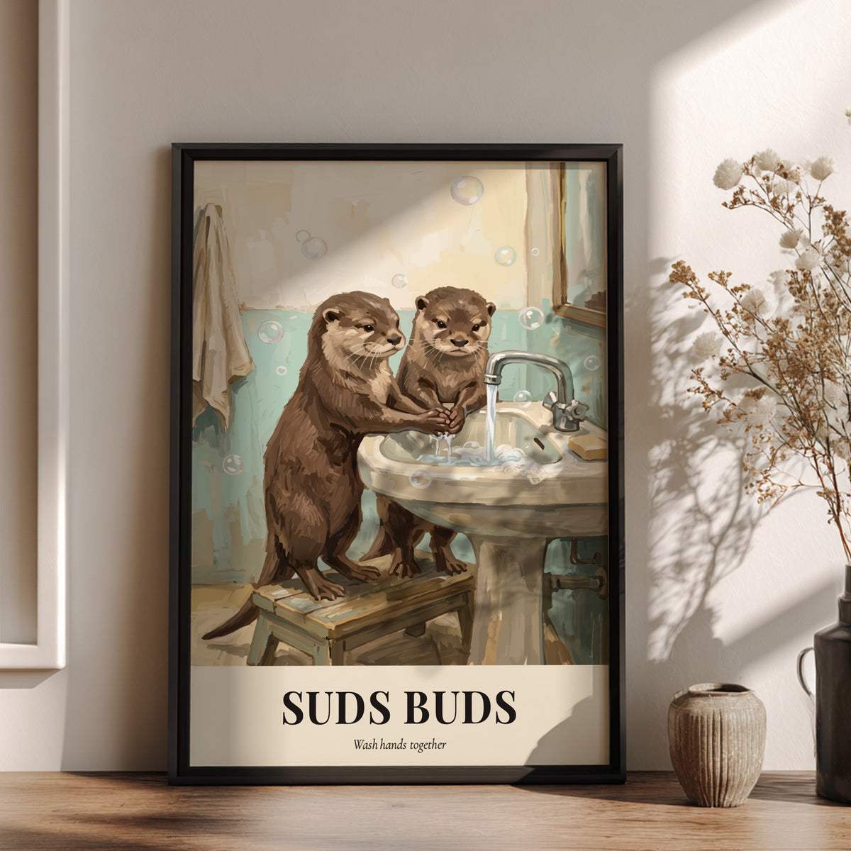 Poster featuring two cute otters washing their paws at a sink with soap bubbles
