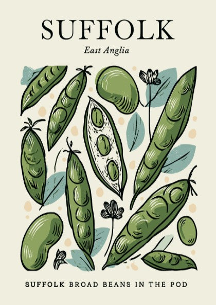 Kitchen poster featuring broad beans in green tones, botanical style, perfect for home decor