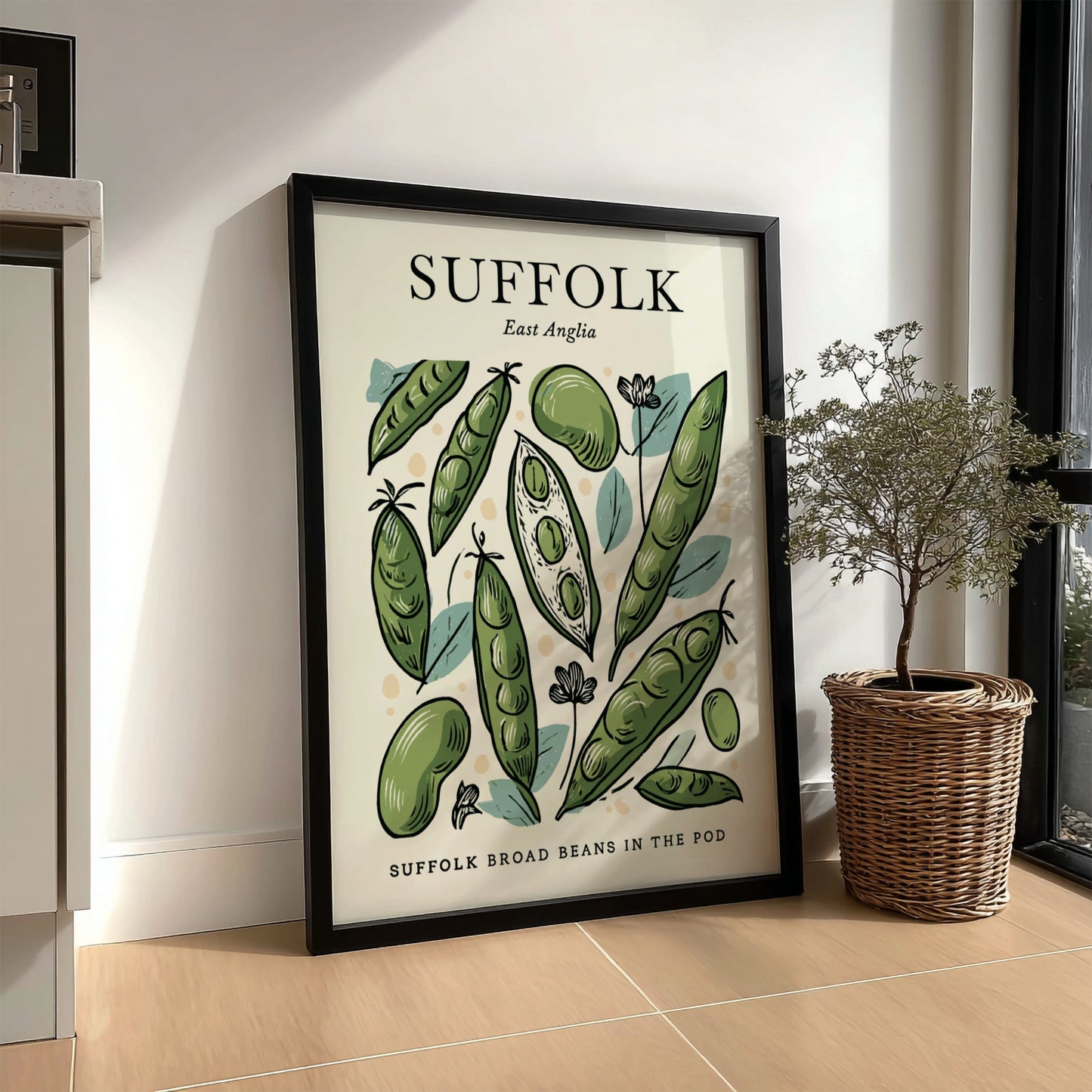 Kitchen poster featuring broad beans in green tones, botanical style, perfect for home decor