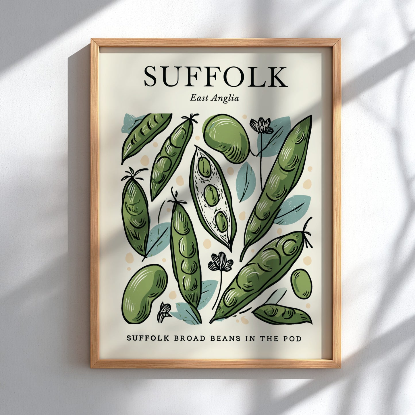 Kitchen poster featuring broad beans in green tones, botanical style, perfect for home decor