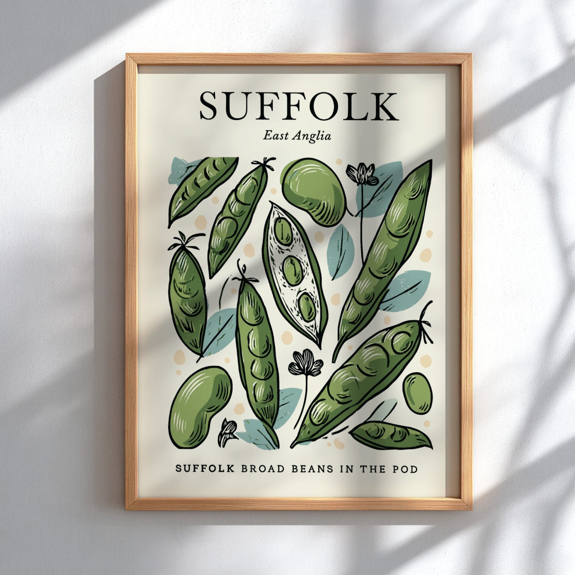 Kitchen poster featuring broad beans in green tones, botanical style, perfect for home decor