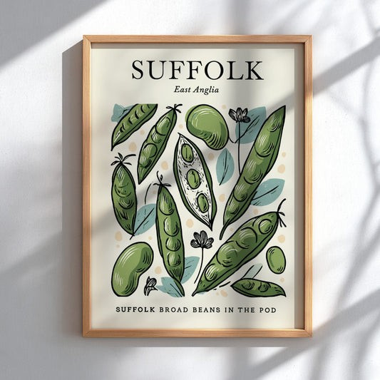 Kitchen poster featuring broad beans in green tones, botanical style, perfect for home decor