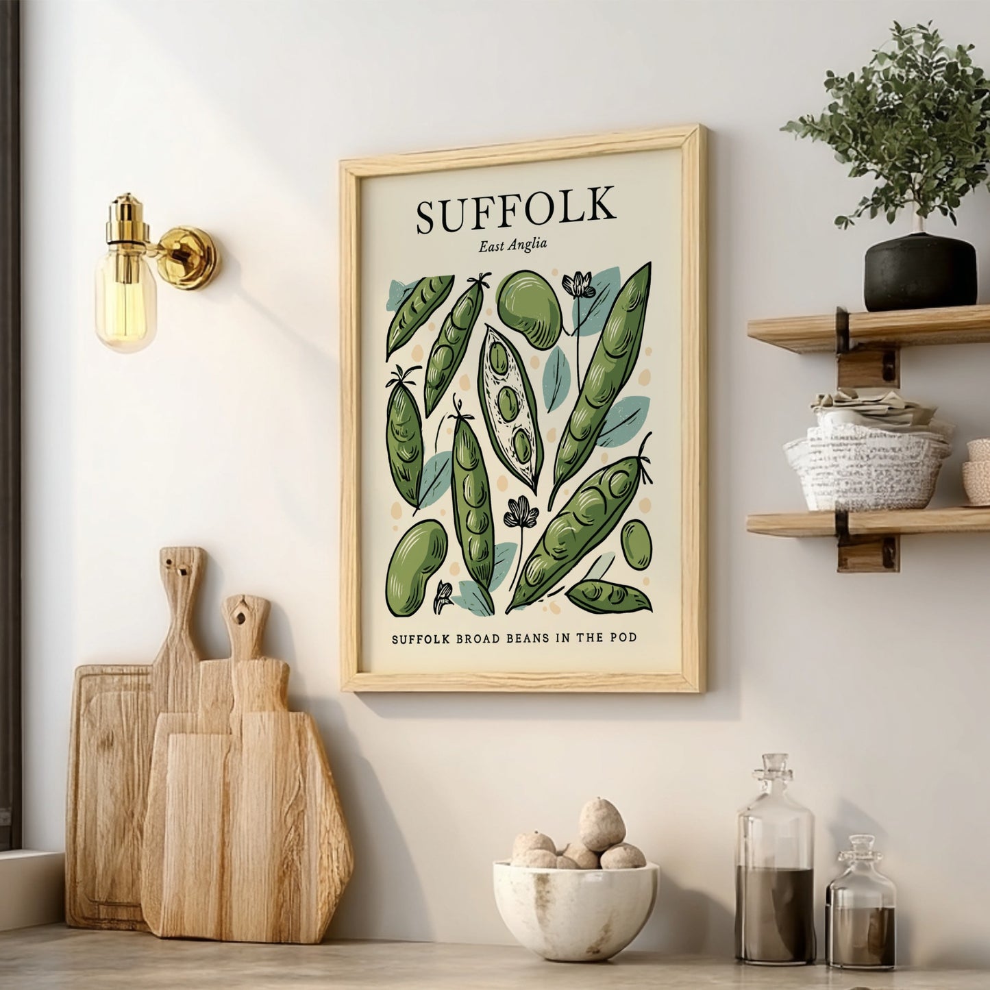 Kitchen poster featuring broad beans in green tones, botanical style, perfect for home decor