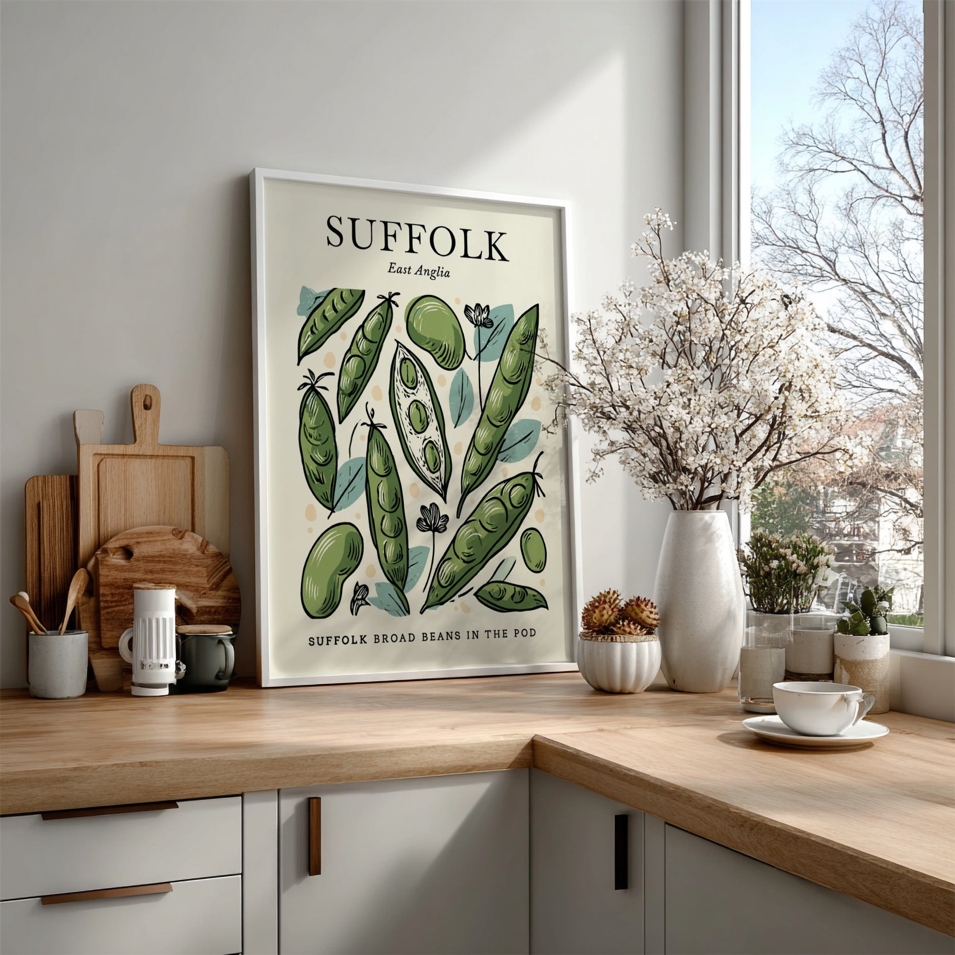 Kitchen poster featuring broad beans in green tones, botanical style, perfect for home decor