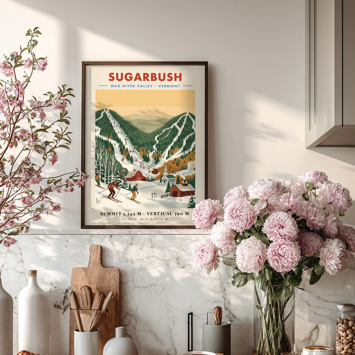 Vintage ski poster of Sugarbush Vermont with skiers, a barn, and mountain chairlifts.