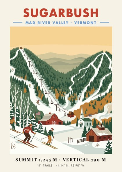 Vintage ski poster of Sugarbush Vermont with skiers, a barn, and mountain chairlifts.