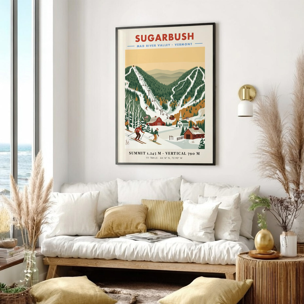Vintage ski poster of Sugarbush Vermont with skiers, a barn, and mountain chairlifts.