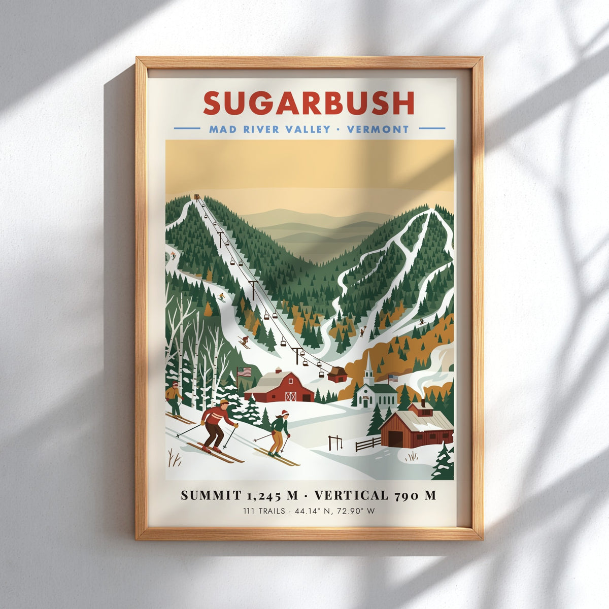 Vintage ski poster of Sugarbush Vermont with skiers, a barn, and mountain chairlifts.