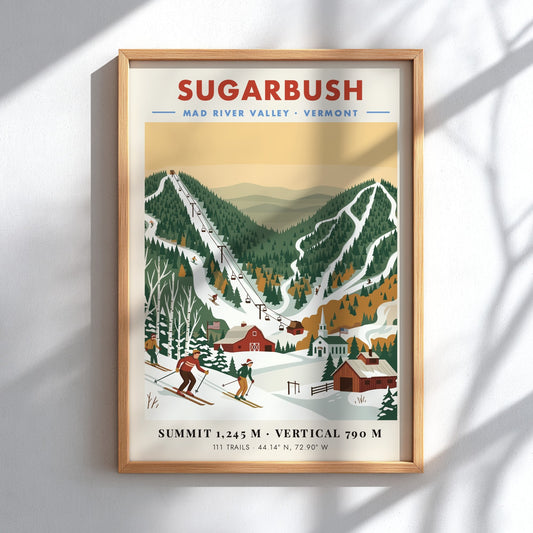 Vintage ski poster of Sugarbush Vermont with skiers, a barn, and mountain chairlifts.
