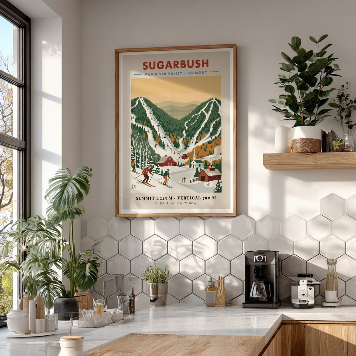 Vintage ski poster of Sugarbush Vermont with skiers, a barn, and mountain chairlifts.