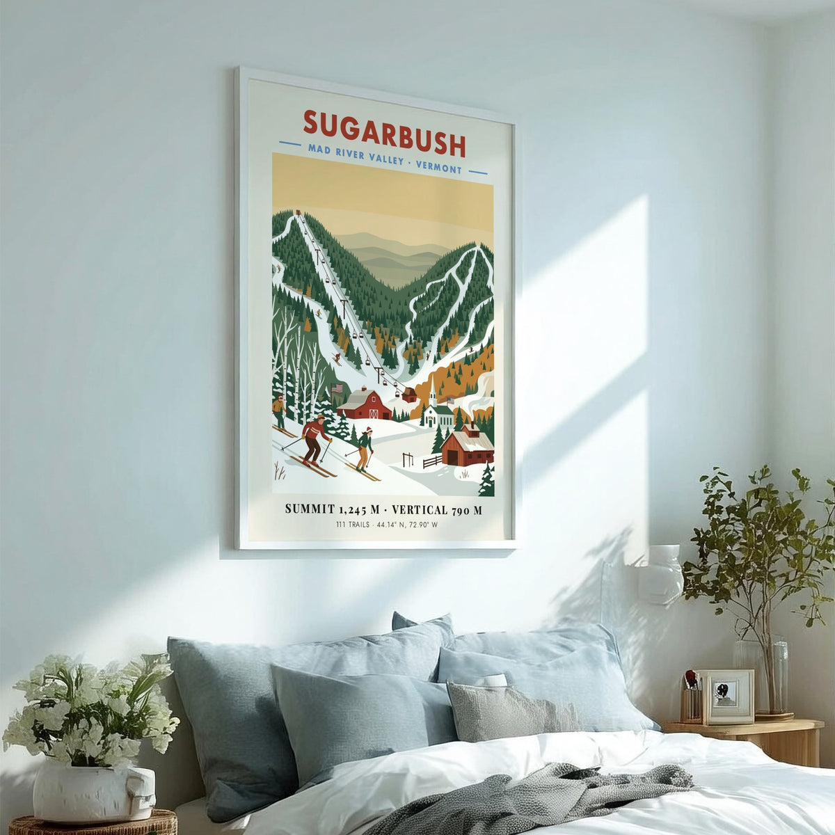 Vintage ski poster of Sugarbush Vermont with skiers, a barn, and mountain chairlifts.