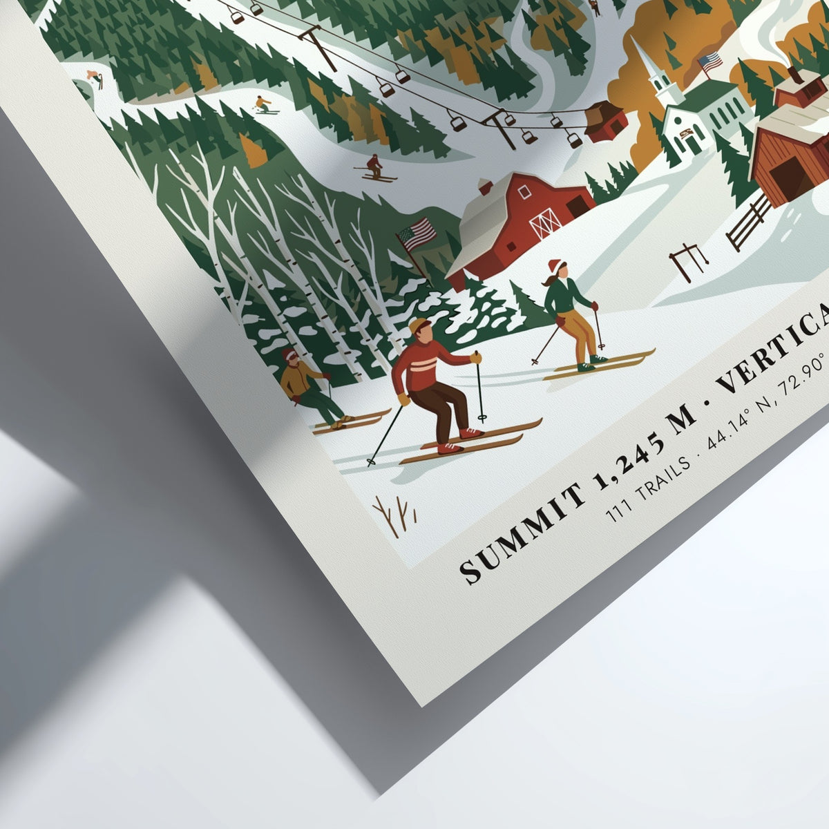 Vintage ski poster of Sugarbush Vermont with skiers, a barn, and mountain chairlifts.