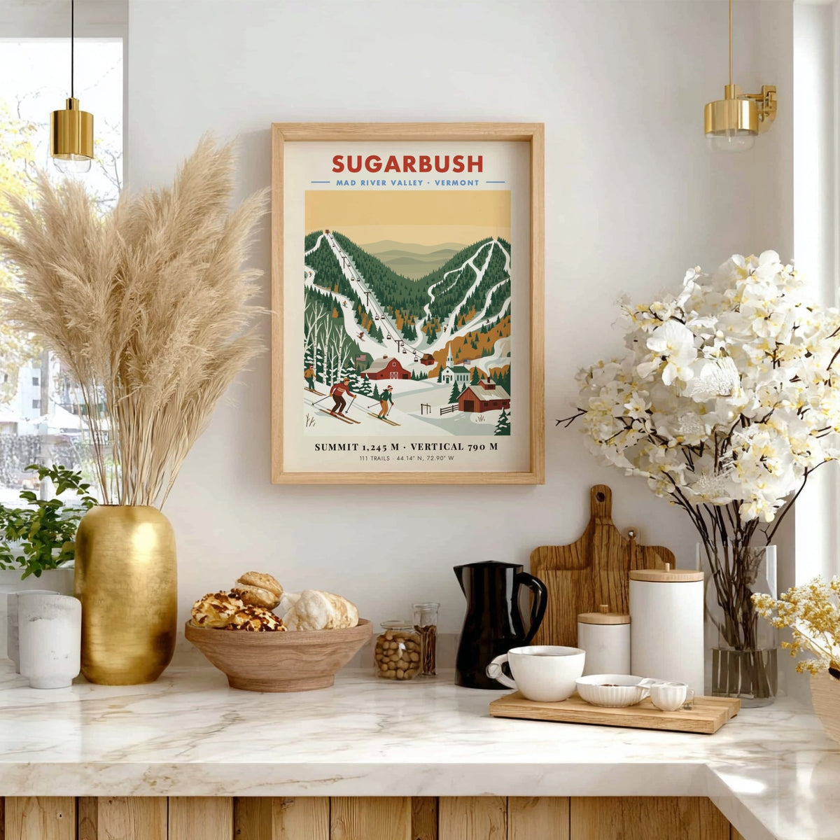 Vintage ski poster of Sugarbush Vermont with skiers, a barn, and mountain chairlifts.