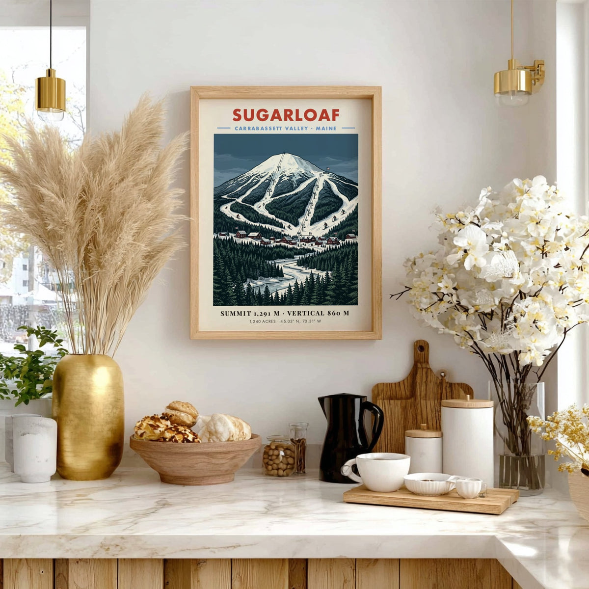 Poster of Sugarloaf mountain in Carrabassett Valley Maine with snowy ski trails and forest.