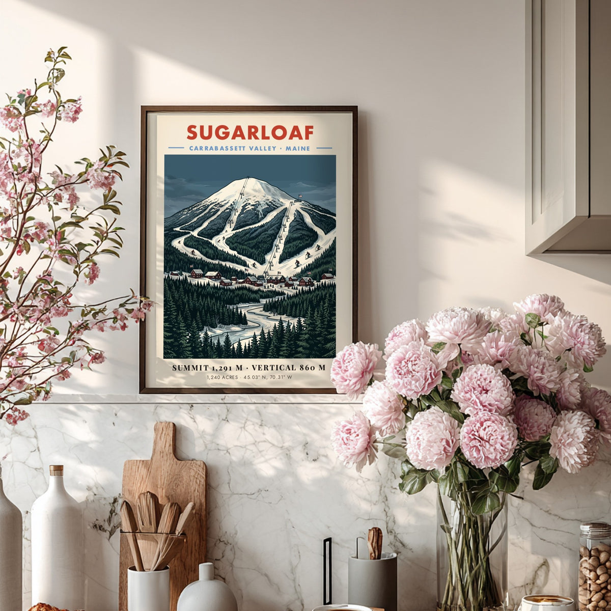 Poster of Sugarloaf mountain in Carrabassett Valley Maine with snowy ski trails and forest.
