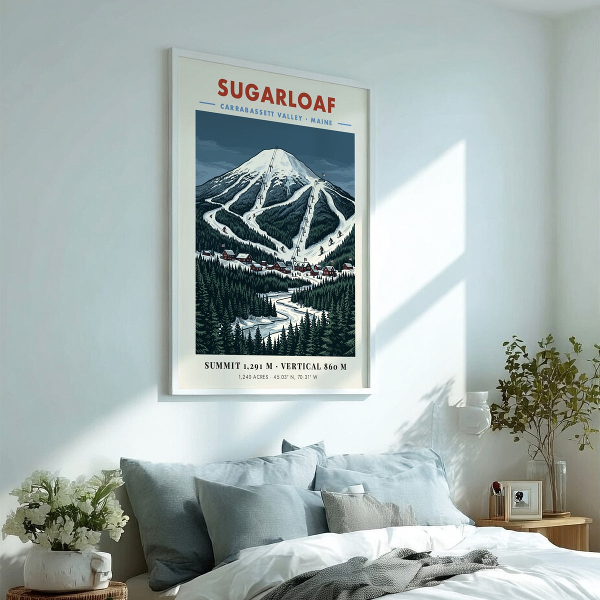 Poster of Sugarloaf mountain in Carrabassett Valley Maine with snowy ski trails and forest.