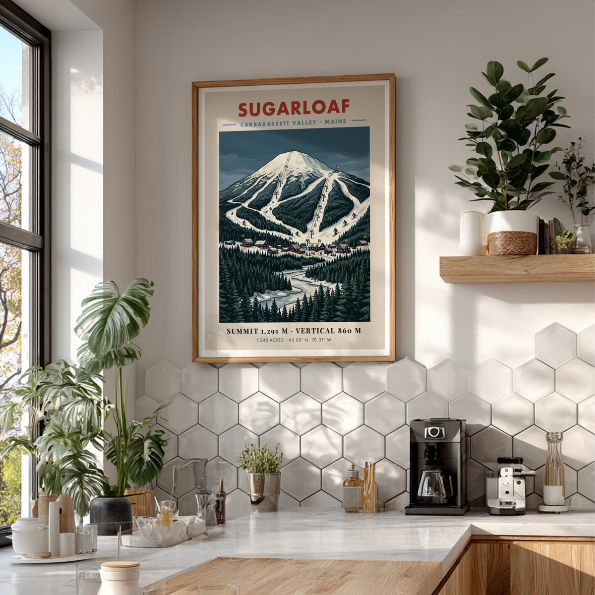 Poster of Sugarloaf mountain in Carrabassett Valley Maine with snowy ski trails and forest.