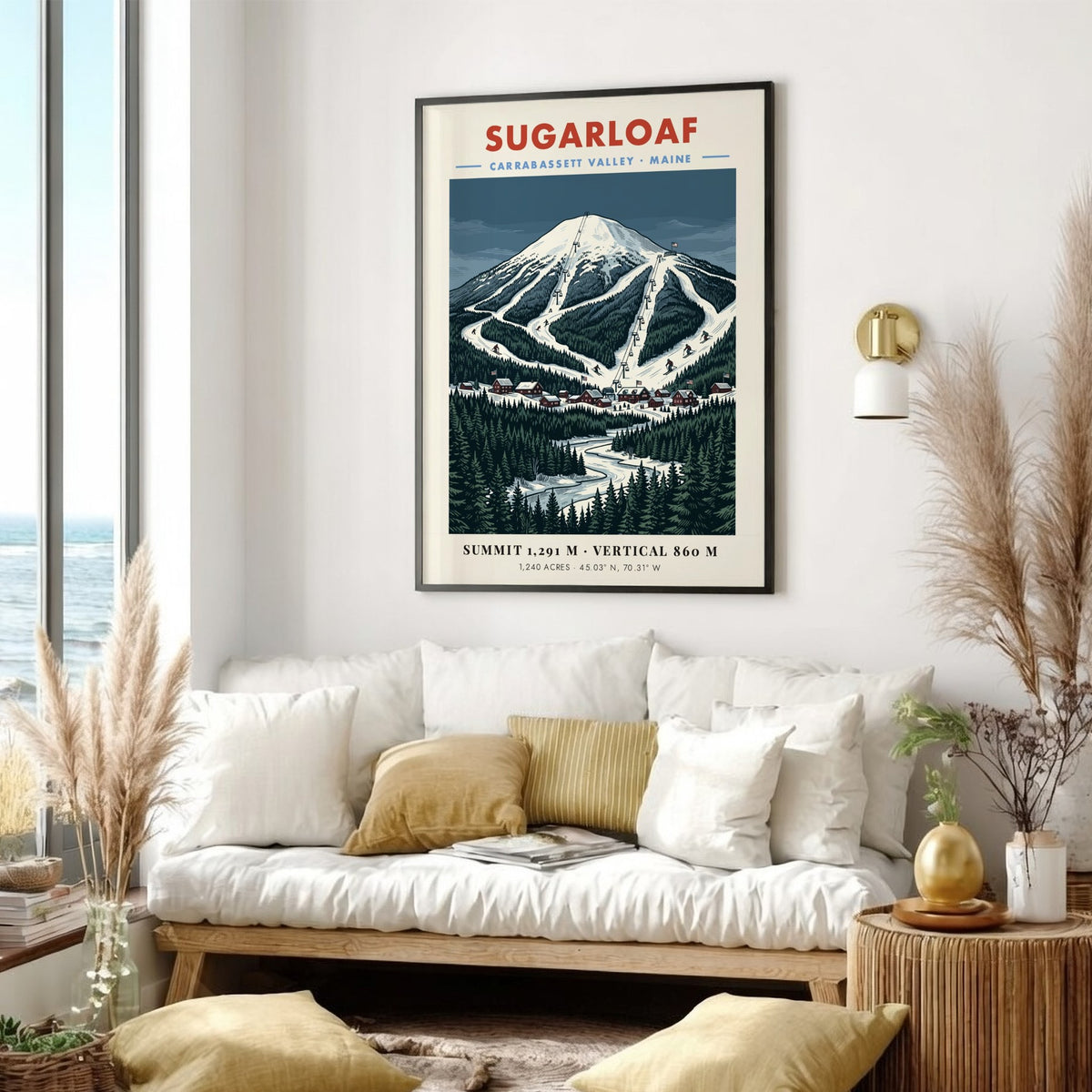 Poster of Sugarloaf mountain in Carrabassett Valley Maine with snowy ski trails and forest.